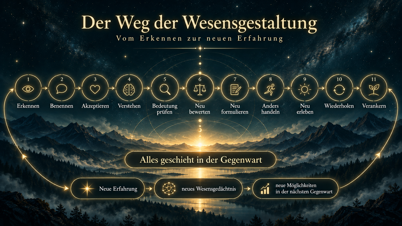 Erkennen, Benennen, Akzeptieren, Verstehen, Bedeutung prüfen, neu bewerten, neu formulieren, anders handeln, neu erleben, wiederholen und verankern